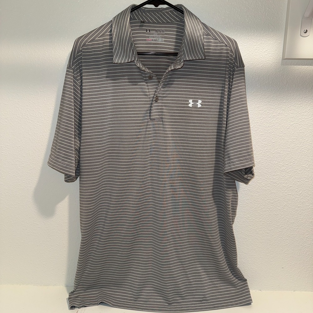Under Armour Polo Shirt Mens XL Striped Gray White HeatGear Loose Fit
